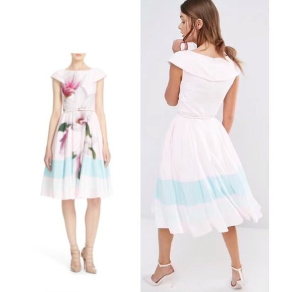TED BAKER Bromlie Fit & Flare Flowy Dress Pink Magnolia Print TB Sz 4 is US 8-10 - Picture 3 of 16